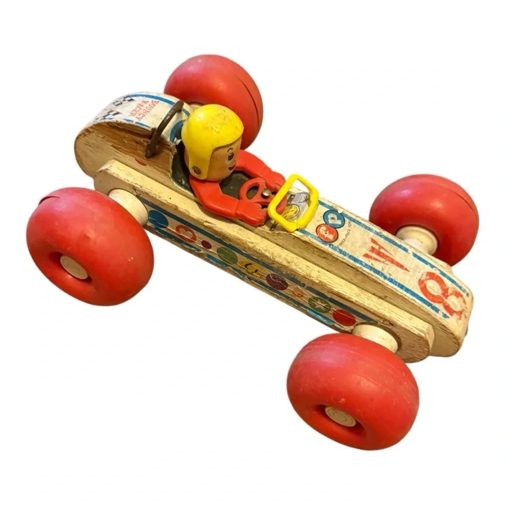 Vintage 1960s Fisher Price Bouncy Racer Pull Toy‎ Made In USA Wooden Race Car